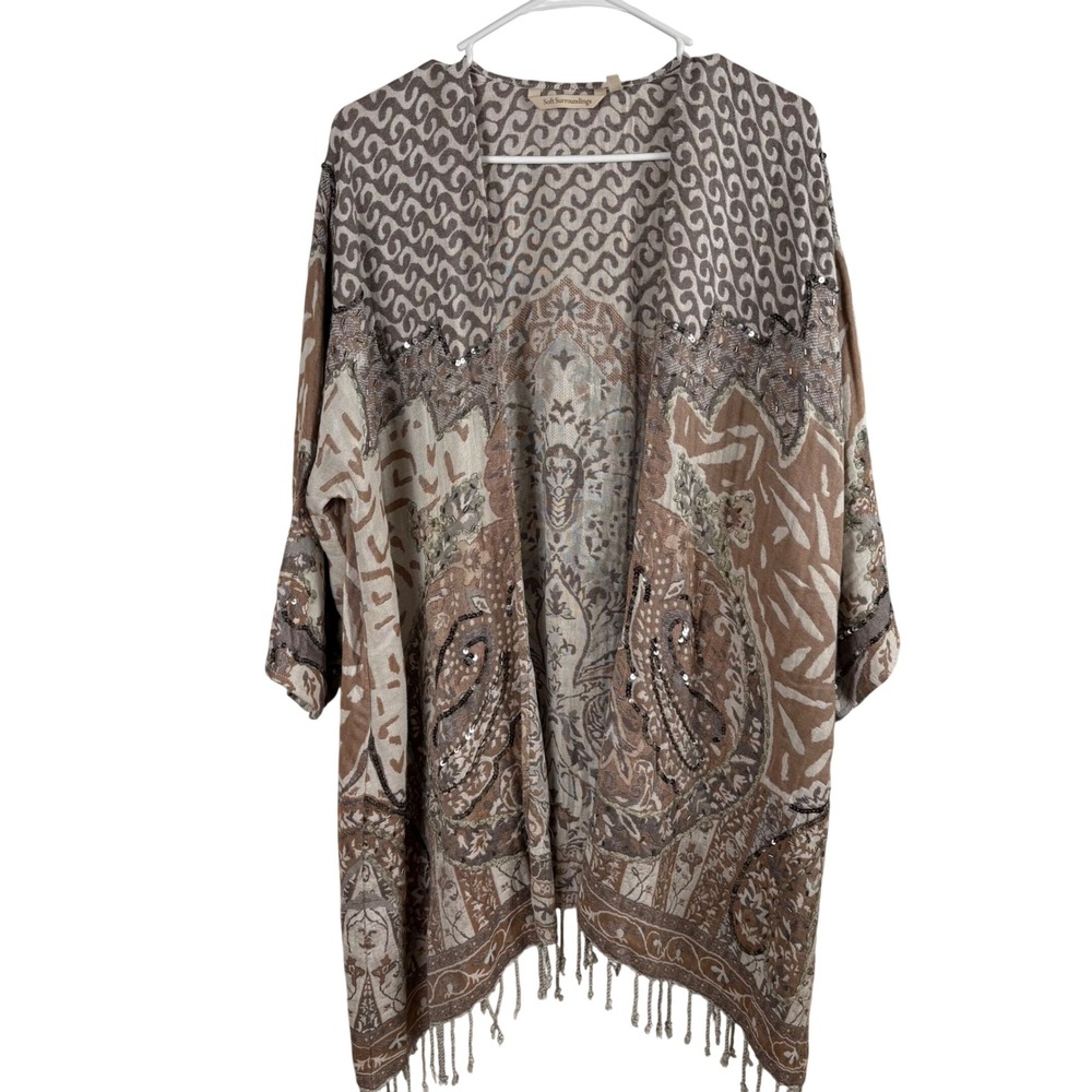 Soft Surroundings Chaucer Topper Kimono Women's L/XL Taupe Fringe Boho Festival